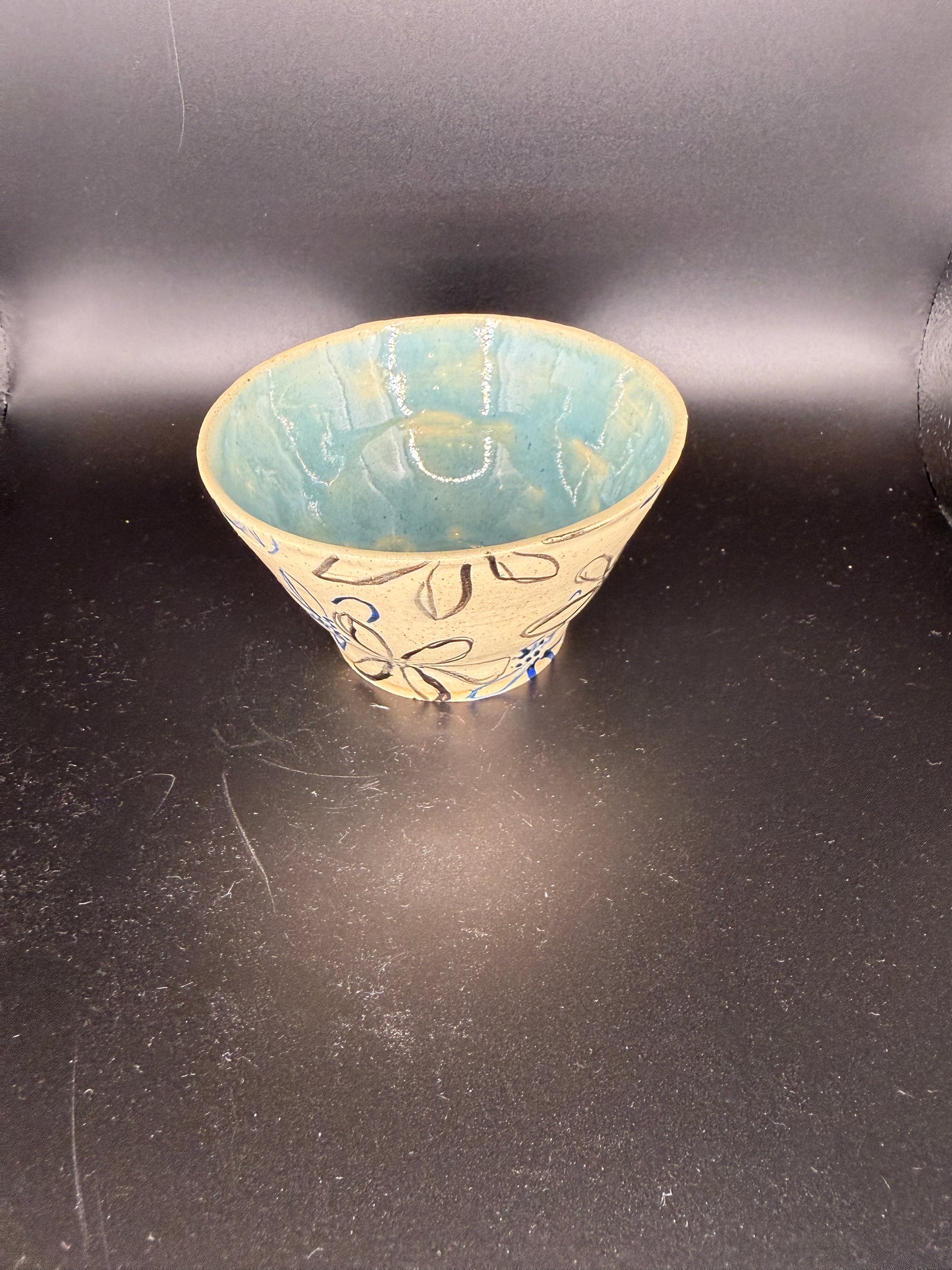 Handmade Ceramic Blue and Beige Floral Design Bowl - Perfect for Snacks, Serving, and Decor