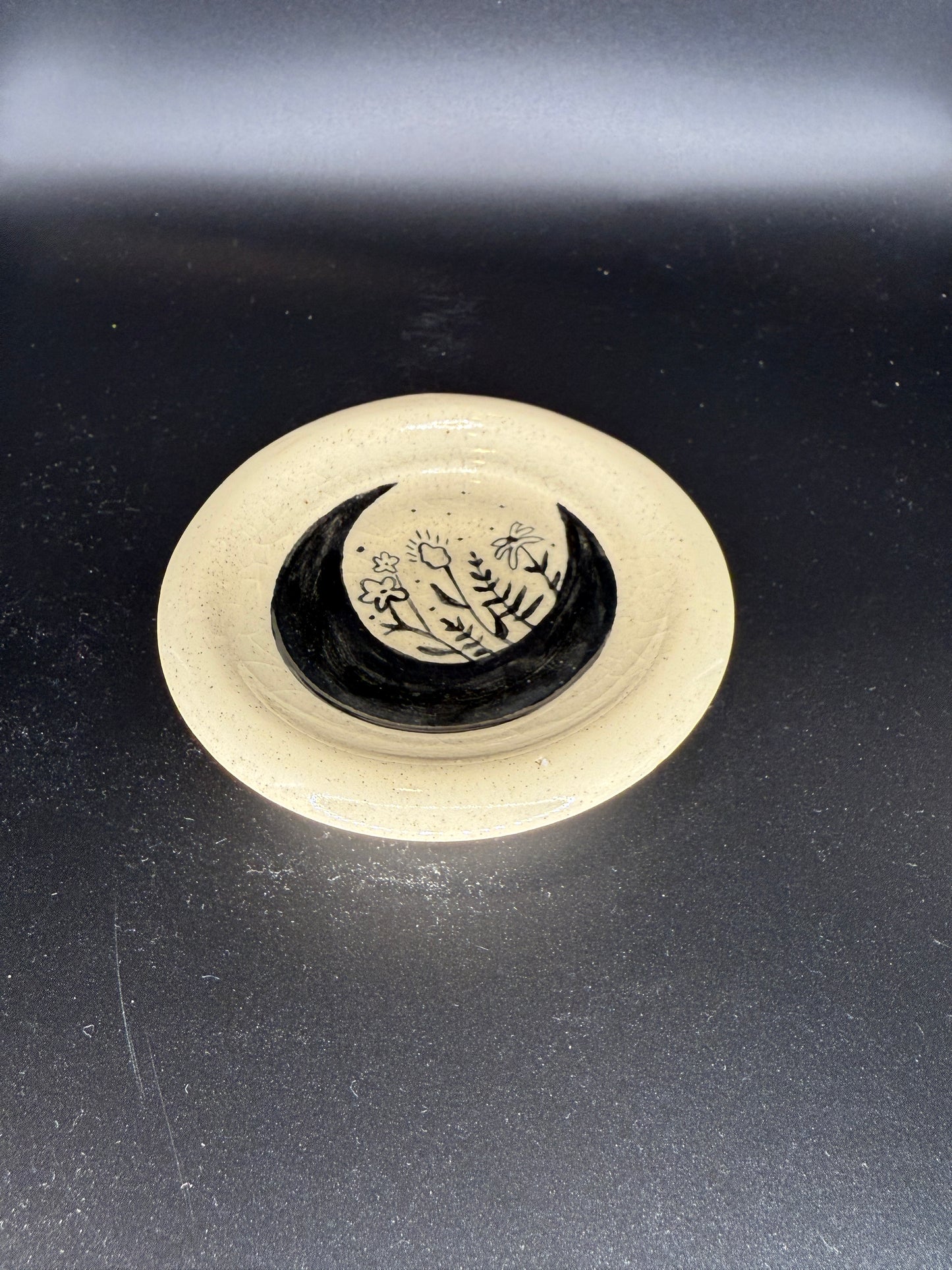 Handmade Ceramic Circular Tray with Moon Design - Artisan Trinket Holder