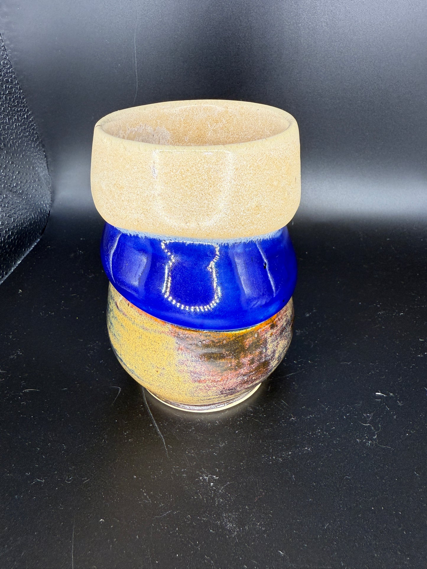 Handmade Three-Layered Ceramic Cup – Beige, Blue, and Yellow