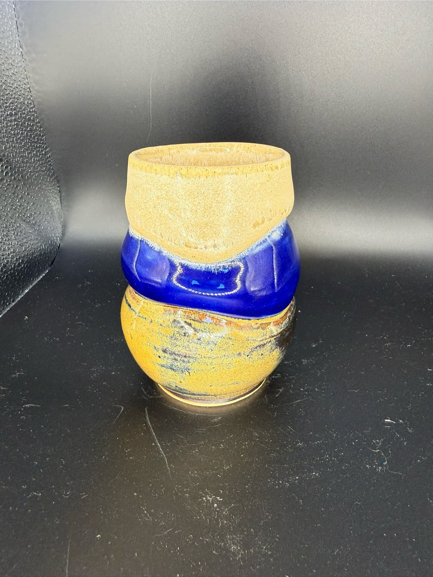 Handmade Three-Layered Ceramic Cup – Beige, Blue, and Yellow