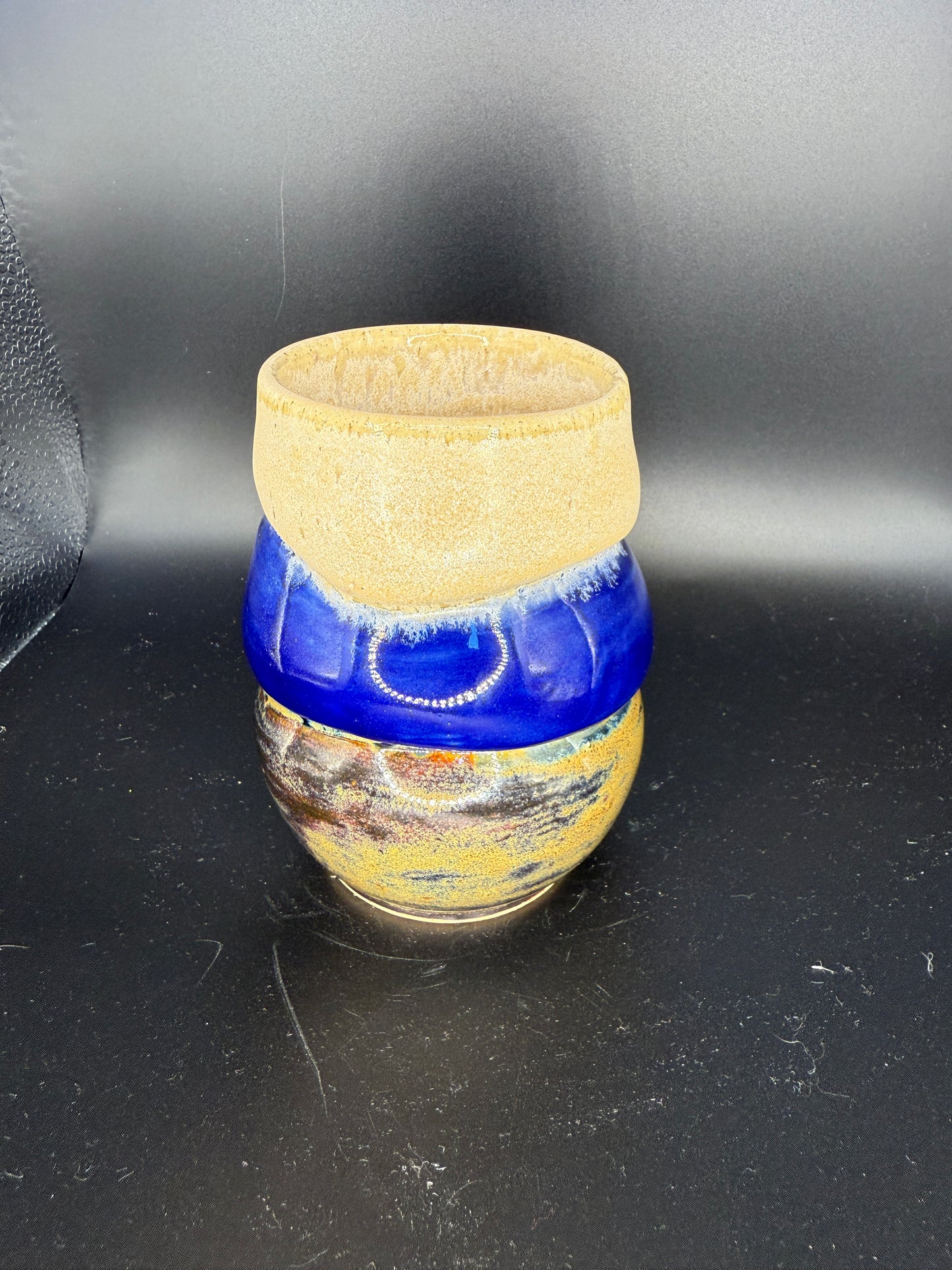 Handmade Three-Layered Ceramic Cup – Beige, Blue, and Yellow