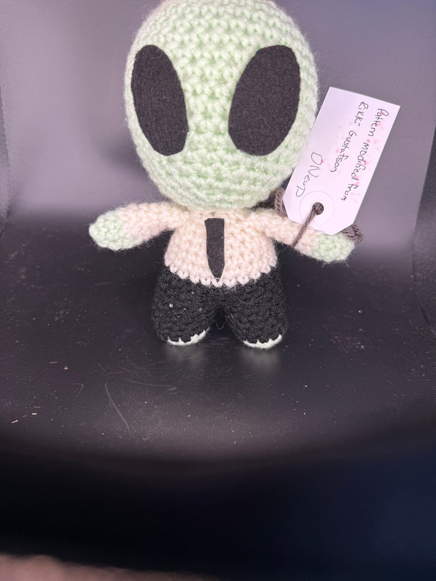 Handmade Crochet Alien-Inspired Doll Plush – Amigurumi with Green Head and Black Pants