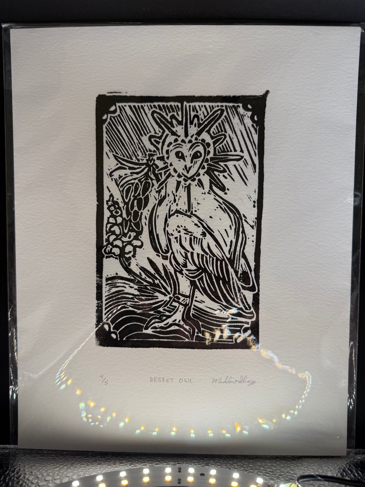 “Desert Owl” Linocut Print – Handmade Folk-Inspired Bird Art