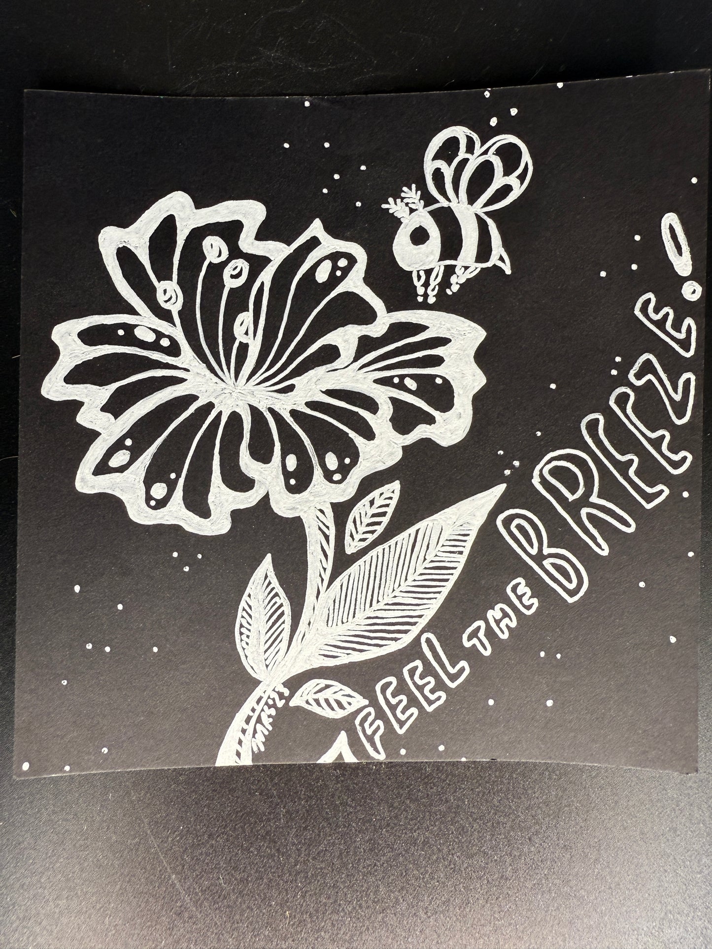 “Feel the Breeze” Floral Bee Art Print – Whimsical Black and White Nature Illustration