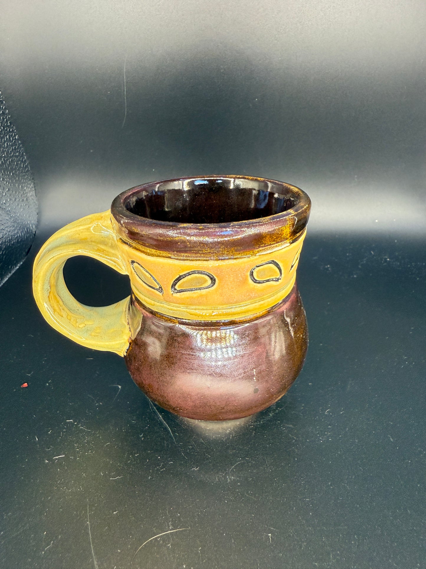 Handmade Brown & Yellow Mug with Fish/Tadpole Decorations – Playful & Unique