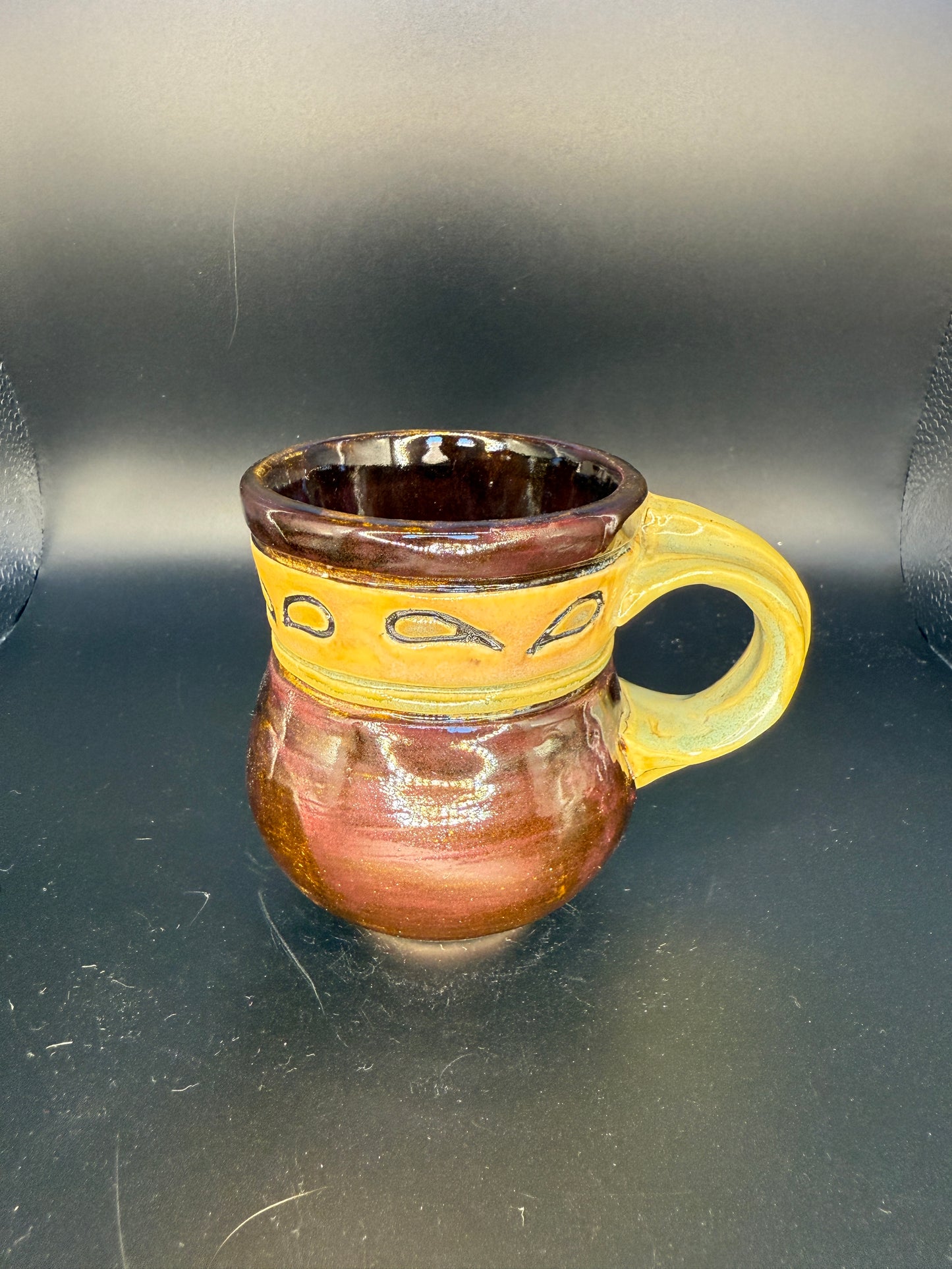 Handmade Brown & Yellow Mug with Fish/Tadpole Decorations – Playful & Unique