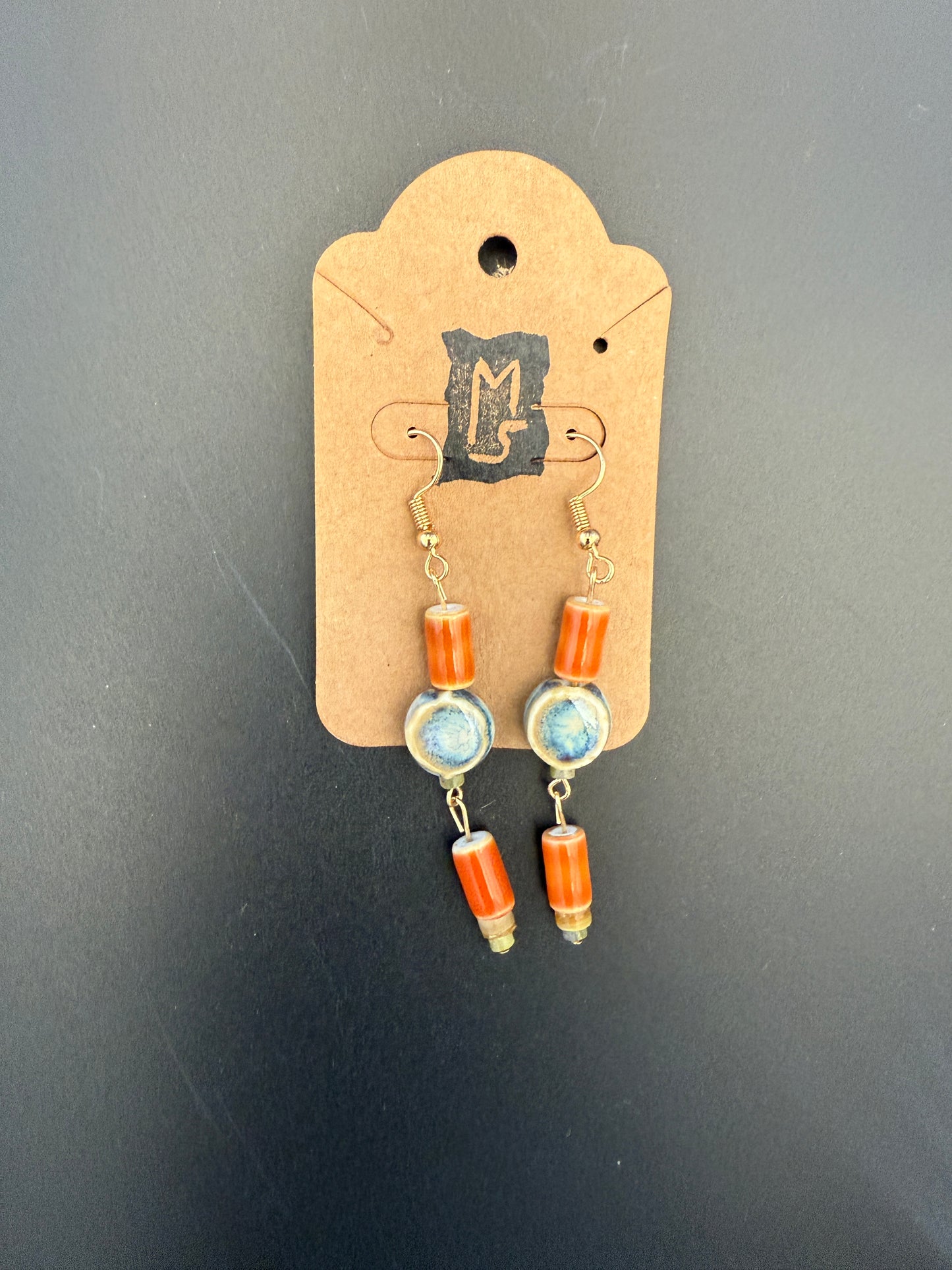 Handmade Ceramic Bead Earrings – Terracotta and Blue Boho Dangle Jewelry