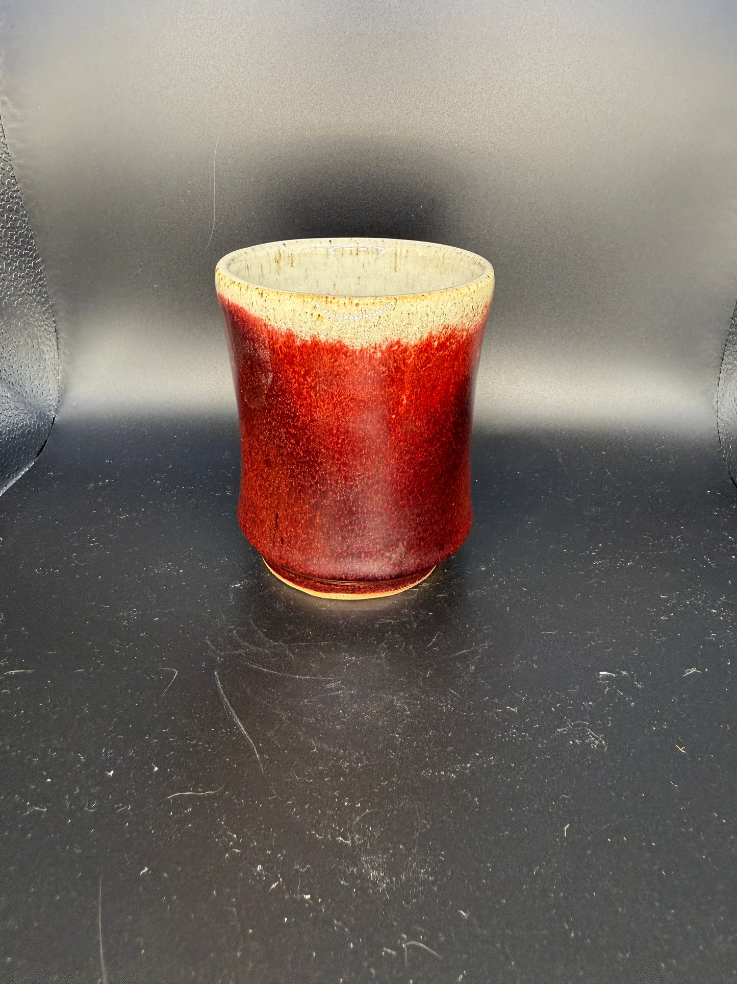 Handmade Ceramic Cup – Red Exterior with Hand-Drawn Bug Design & White Interior with Black Dots