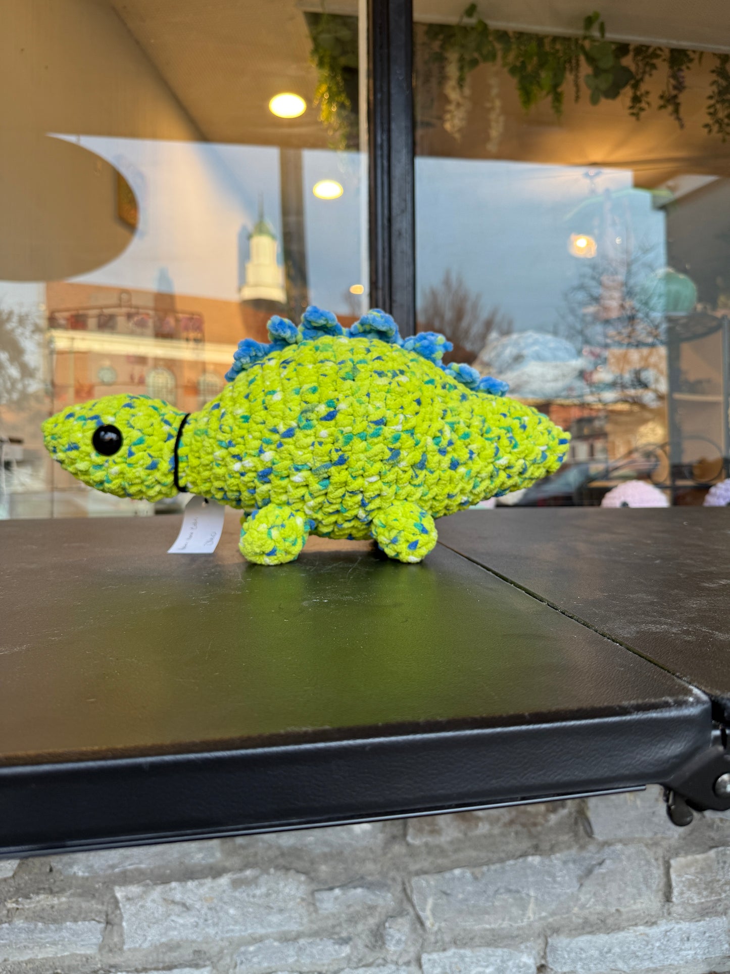 Handmade Crochet Dinosaur Plush – Lime Green and Blue Stegosaurus Toy