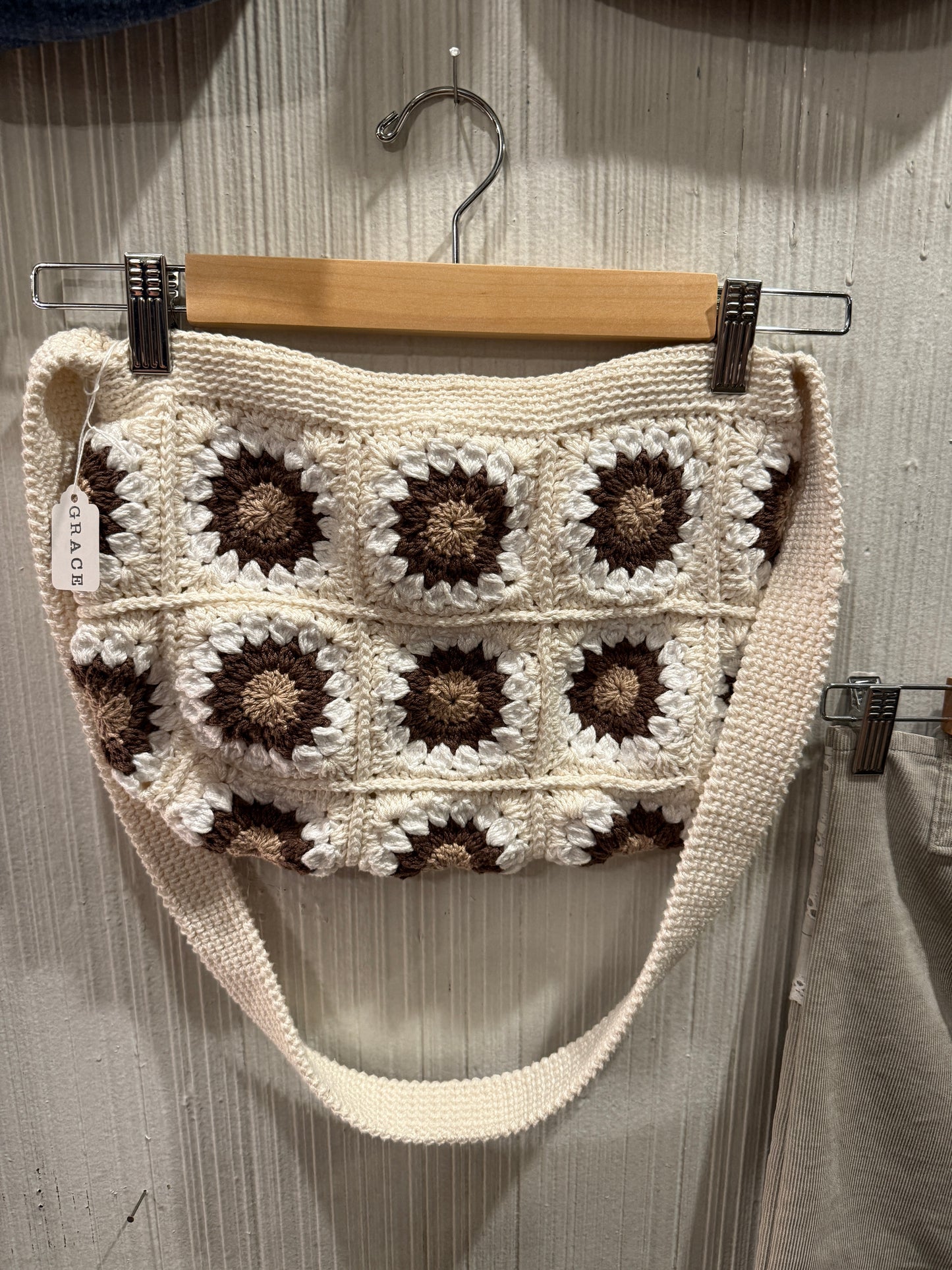 Handmade Crochet Granny Square Bag – Brown and Cream Boho Shoulder Tote