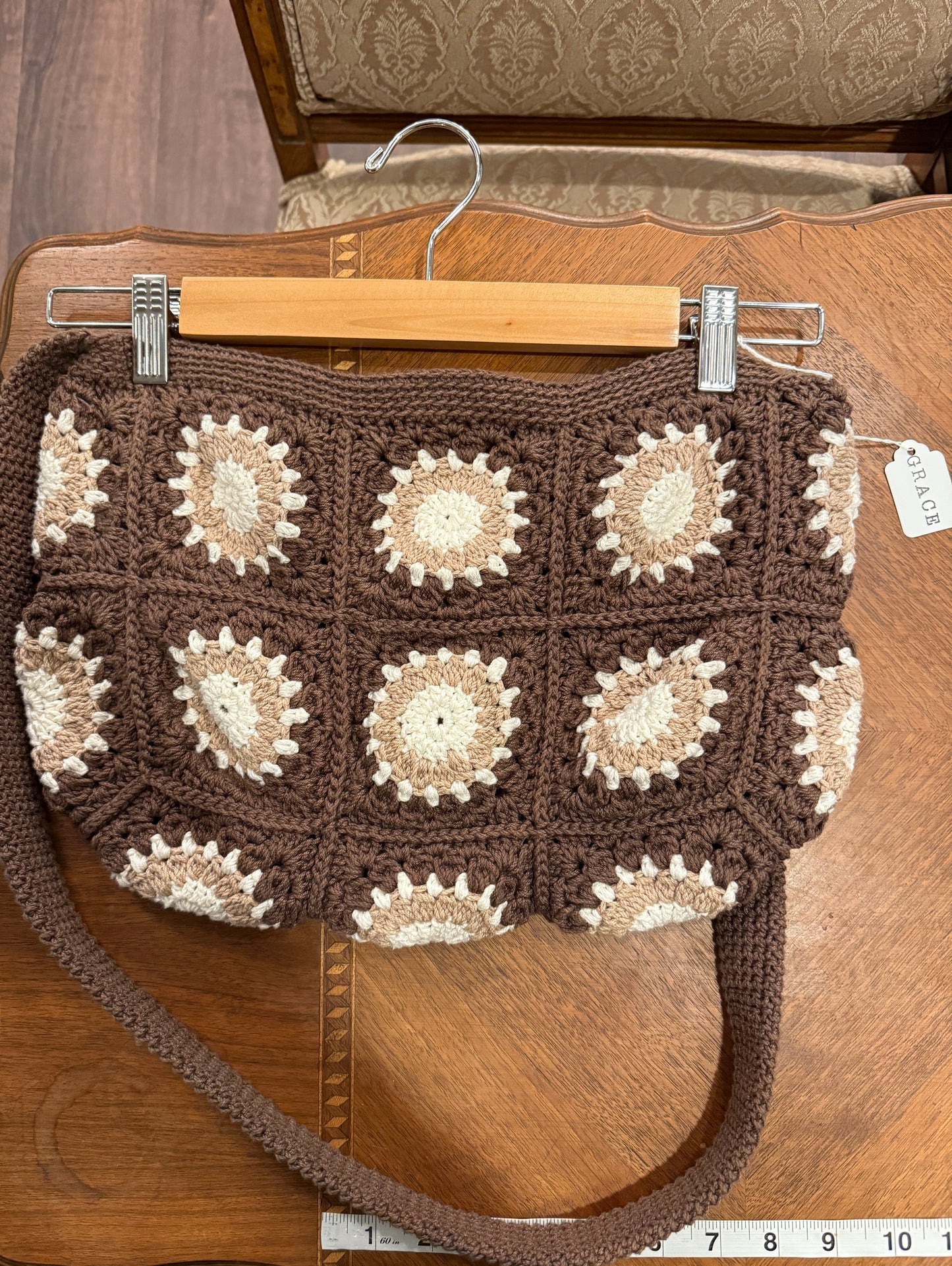 Handmade Crochet Granny Square Bag – Earthy Brown and Cream Sunburst Tote