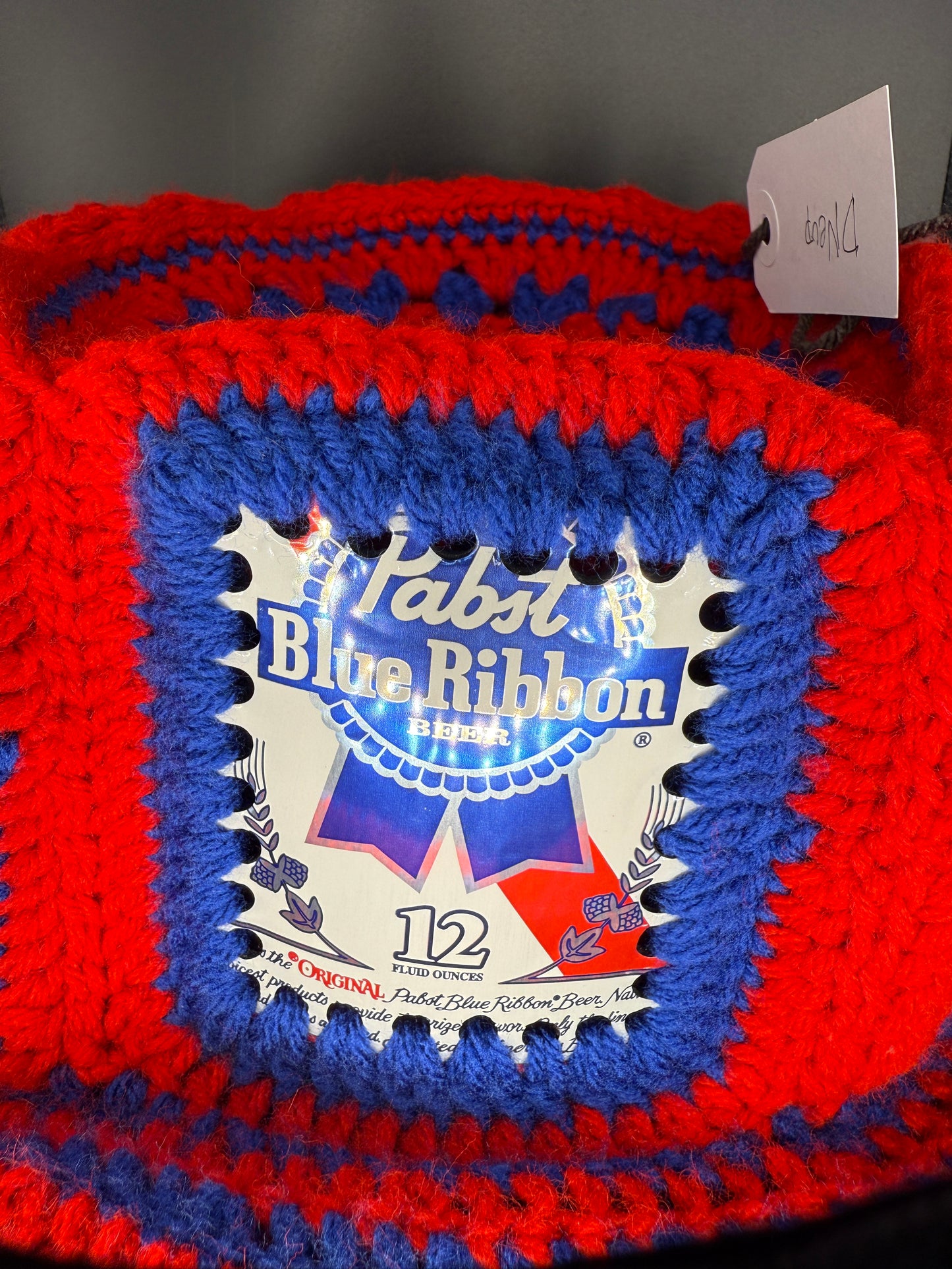 Handmade Crochet Pabst Blue Ribbon Hat – Red & Blue Beer Can Art Statement Piece