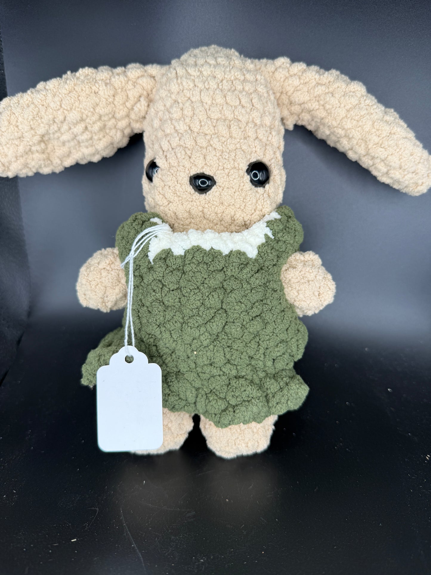 Handmade Plush Bunny in Green Dress – Soft Crochet Long-Eared Stuffed Animal