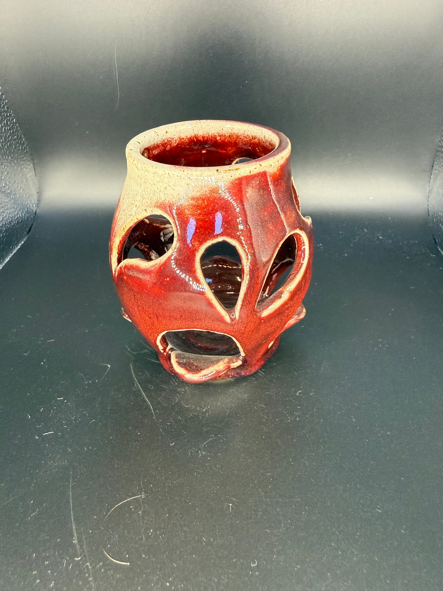 Handmade Red Ceramic Decorative Vase with Raindrop Holes & White Accents – Artistic & Functional