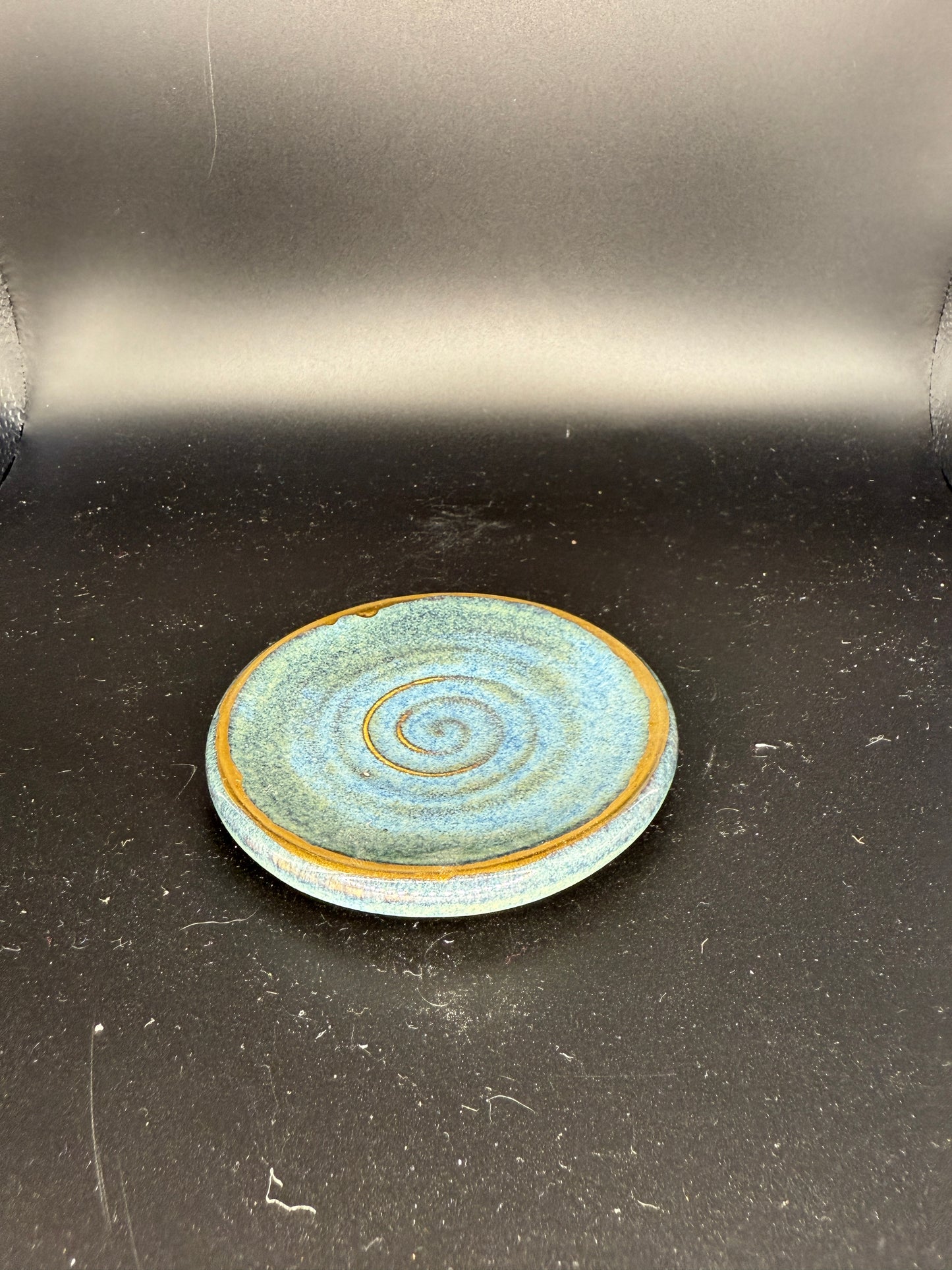 Handmade Small 3" Blue Ceramic Tray with Real Gold Swirls – Compact & Elegant