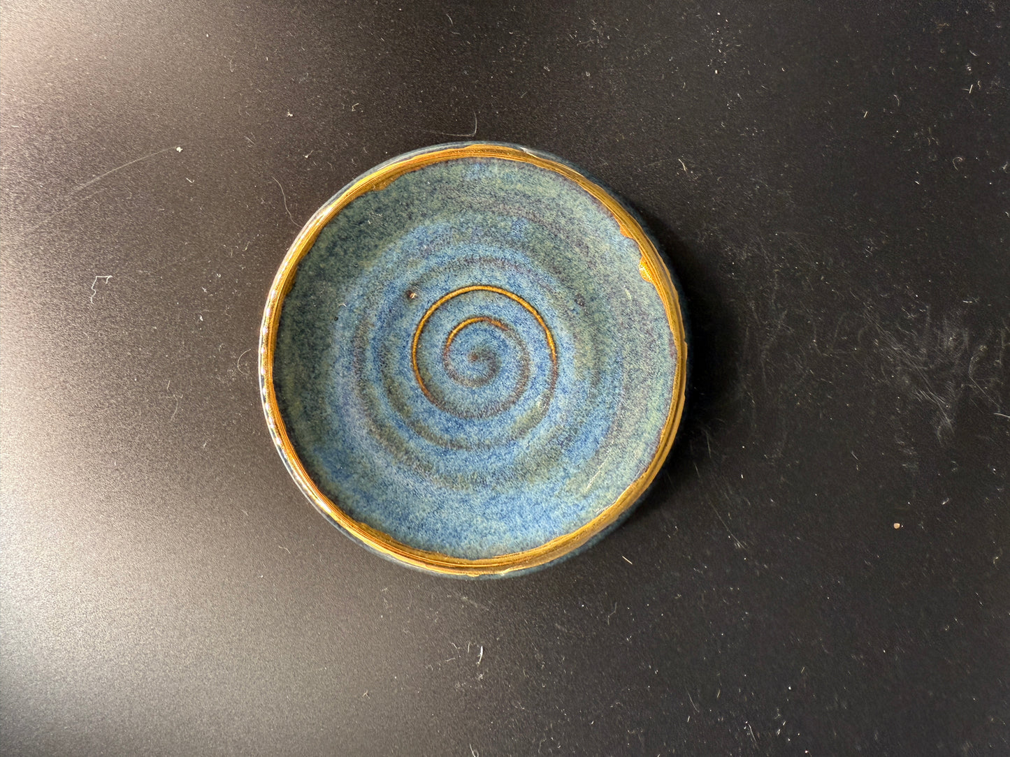 Handmade Small 3" Blue Ceramic Tray with Real Gold Swirls – Compact & Elegant