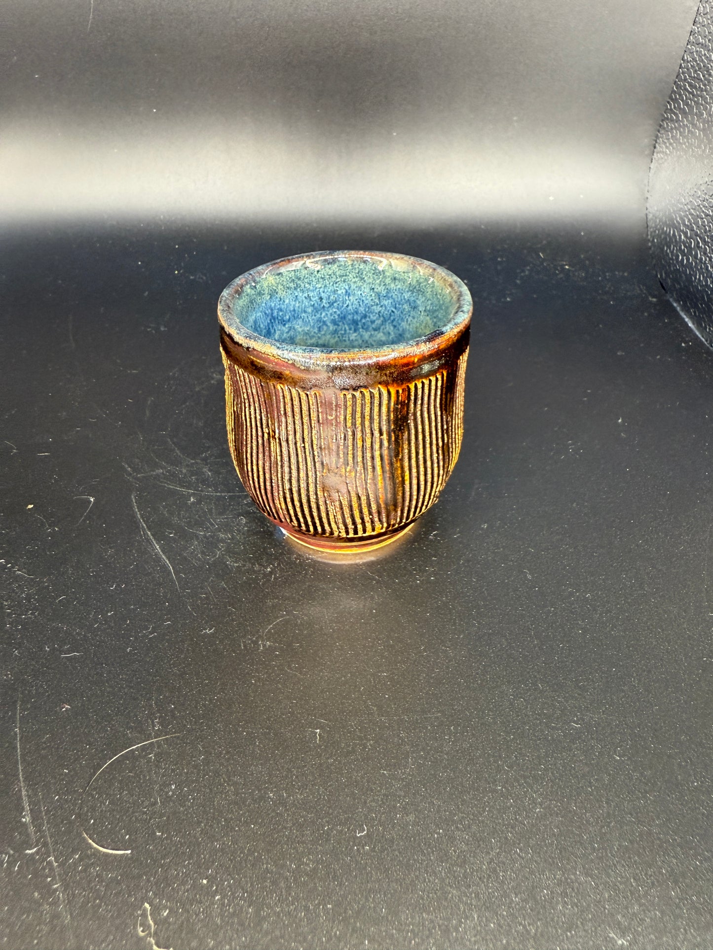 Handmade Textured Ceramic Cup – Brown Exterior & Blue Interior – Unique & Functional