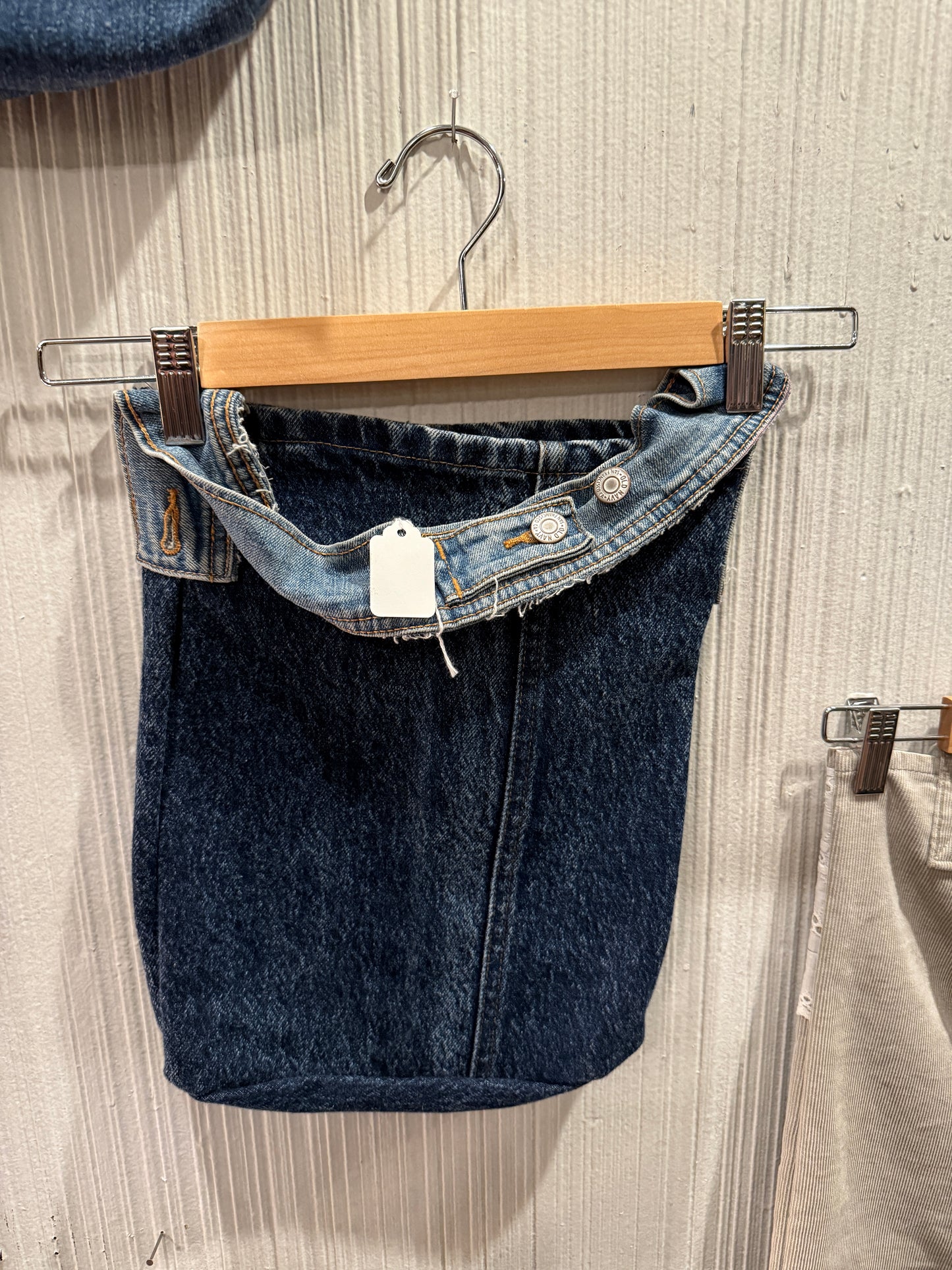 Handmade Upcycled Denim Tote – Repurposed Blue Jeans Bag with Button Waistband Detail