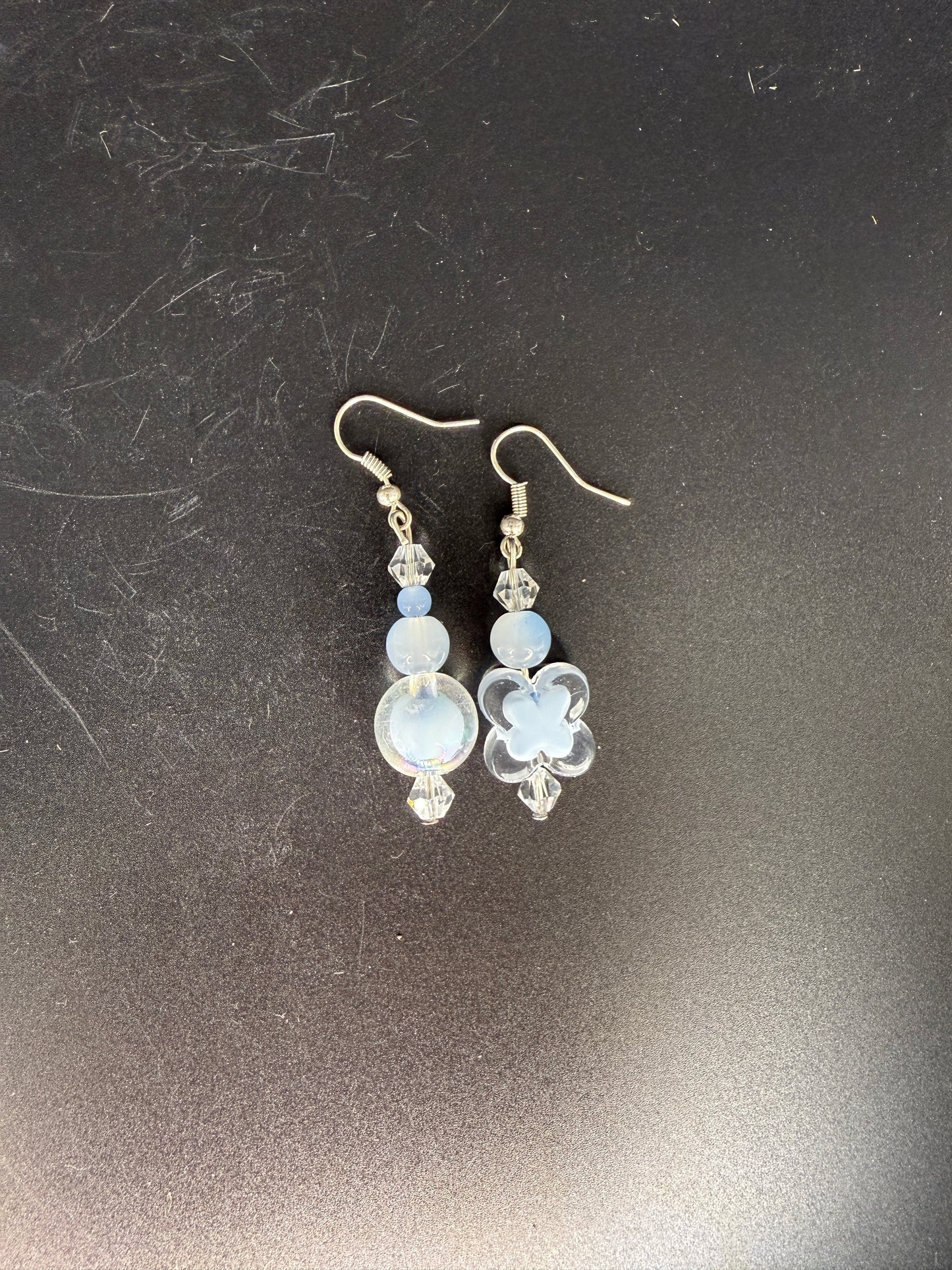 Iridescent Flower Mismatch Earrings – Handmade Blue Crystal Dangle Jewelry