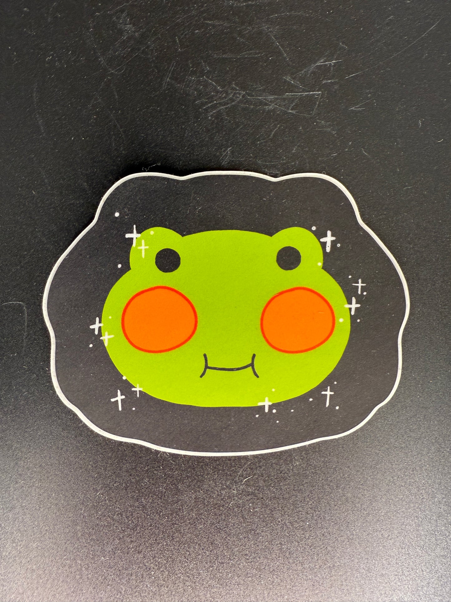 Kawaii Frog Face Sticker – Cute Green Frog with Blush and Sparkles