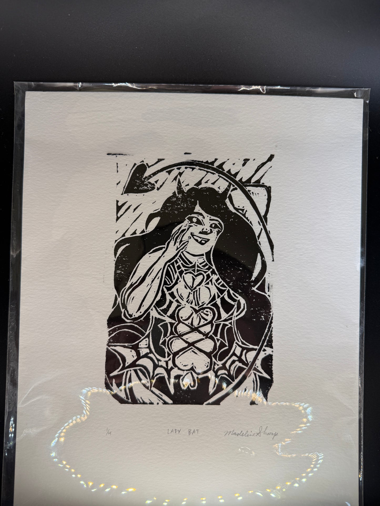 “Lady Bat” Gothic Linocut Print – Handmade Dark Fantasy Art