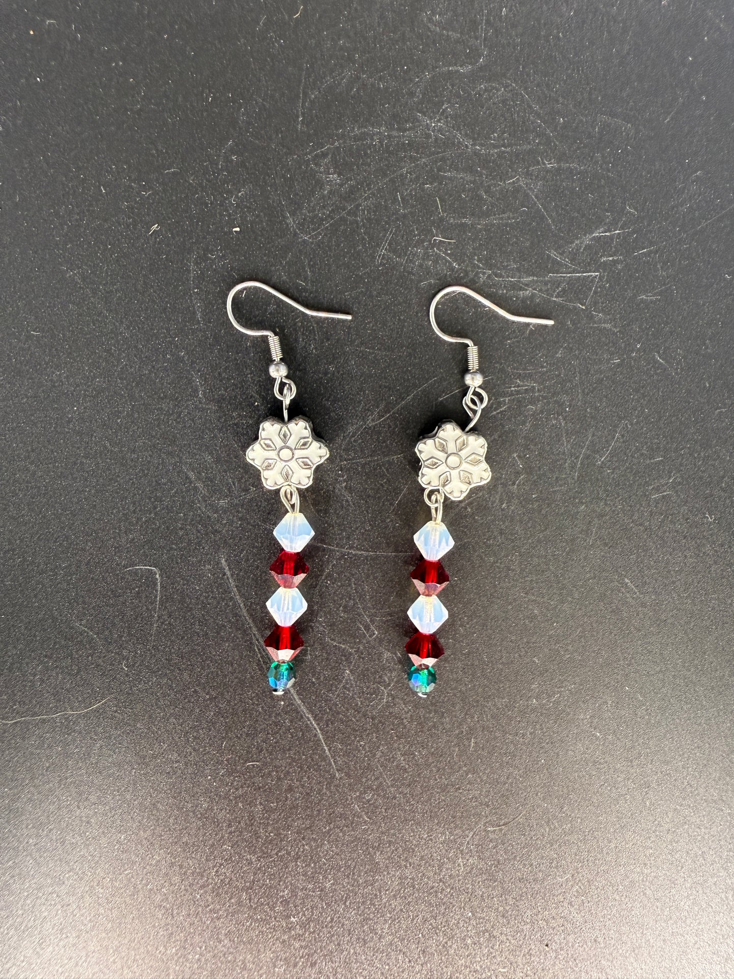 Snowflake Crystal Bead Earrings – Handmade Red, White & Teal Winter Dangles
