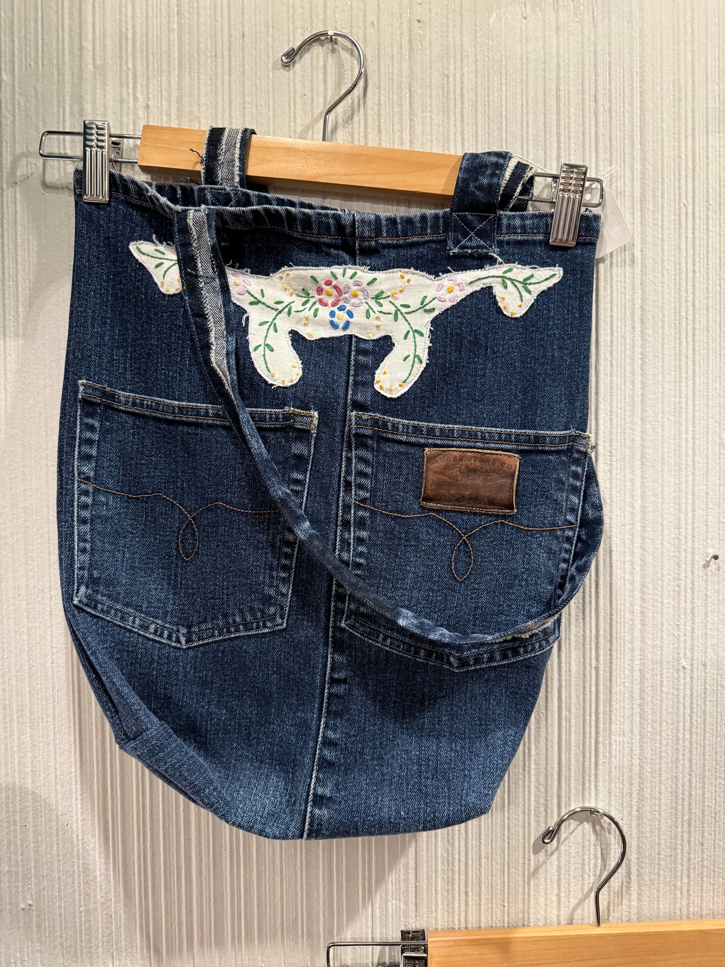 Upcycled Denim Tote Bag with Floral Cow Appliqué – Handmade Jeans Bag with Pockets