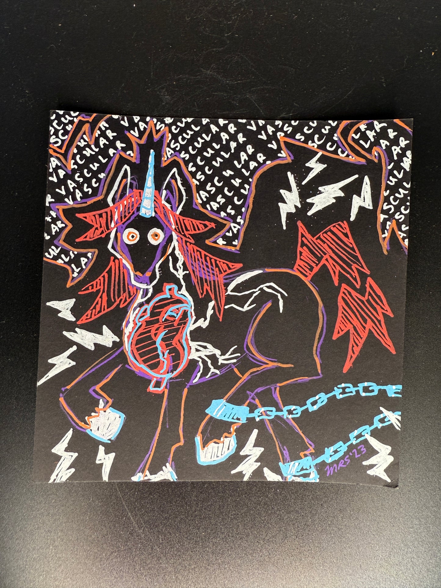“Vascular Unicorn” Neon Art Print – Punk Fantasy Illustration with Chains and Lightning