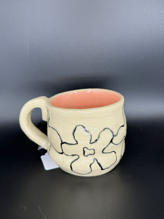 Handmade Pink and Beige Ceramic Floral Mug - Aesthetic Graphic Coffee Cup