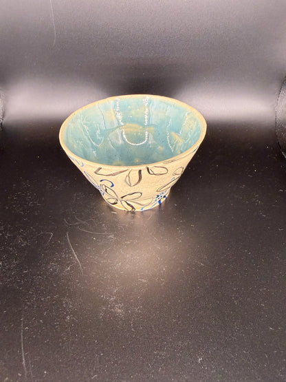 Handmade Ceramic Blue and Beige Floral Design Bowl - Perfect for Snacks, Serving, and Decor