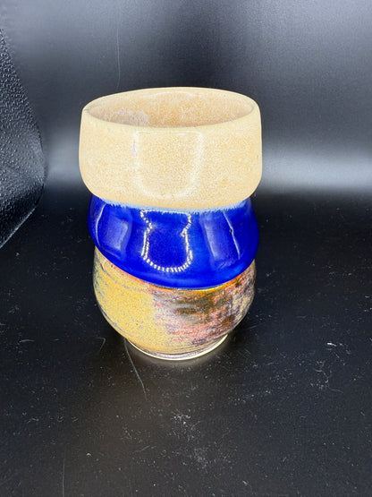Handmade Three-Layered Ceramic Cup – Beige, Blue, and Yellow