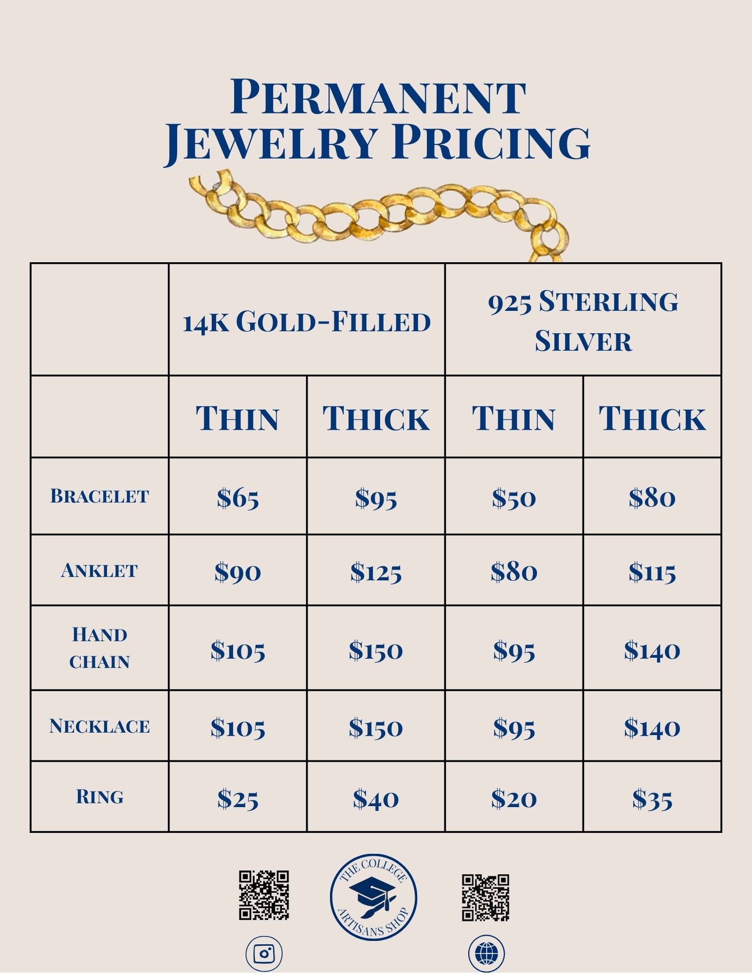 Permanent Jewelry Pricing Menu