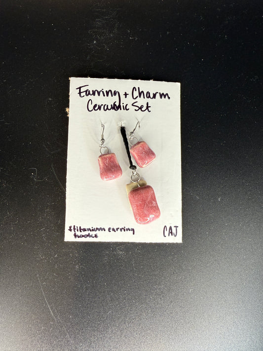 Handmade Pink Ceramic Earrings and Charm Set - Unique & Lightweight Artisan Jewelry