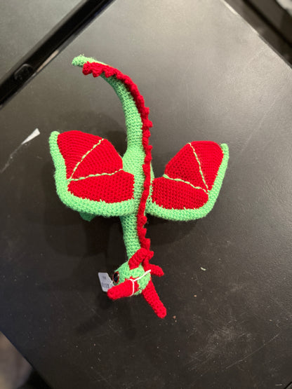 Handmade Crochet Dragon Plush – Red and Green Fantasy Amigurumi Toy