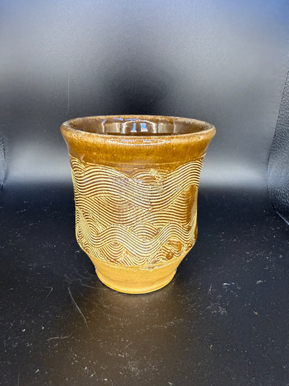 Handmade Brown Ceramic Cup with Wave-Inspired Ripple Design – Unique & Artistic