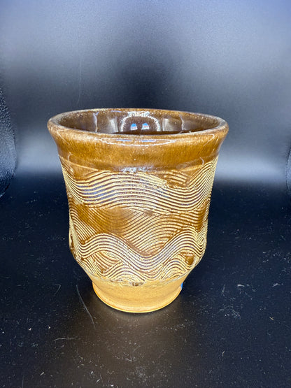 Handmade Brown Ceramic Cup with Wave-Inspired Ripple Design – Unique & Artistic