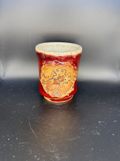 Handmade Ceramic Cup – Red Exterior with Hand-Drawn Bug Design & White Interior with Black Dots
