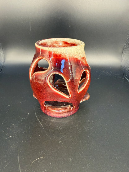 Handmade Red Ceramic Decorative Vase with Raindrop Holes & White Accents – Artistic & Functional