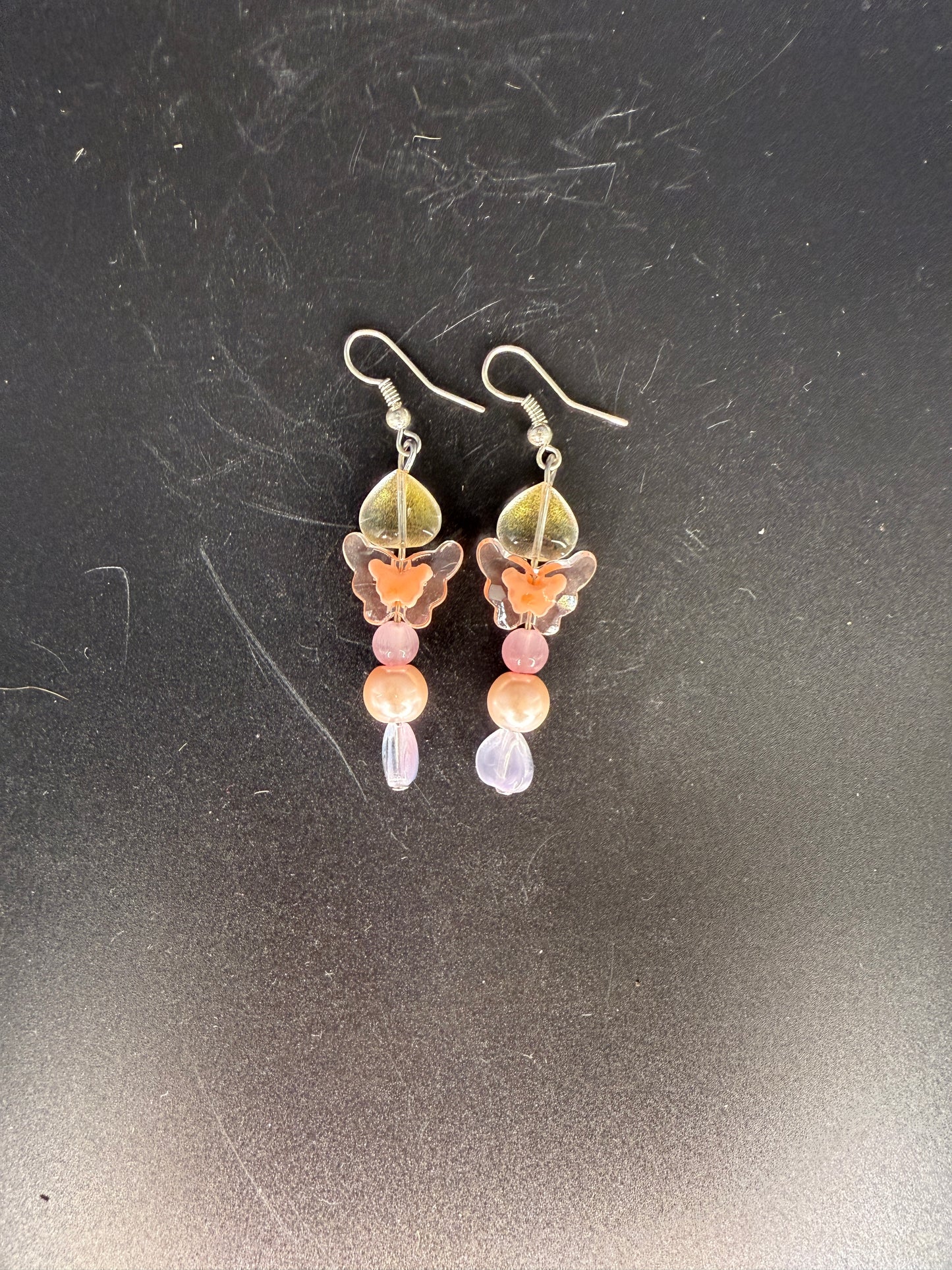 Pink Butterfly Dangle Earrings – Handmade Floral Beaded Jewelry with Leaf Accents